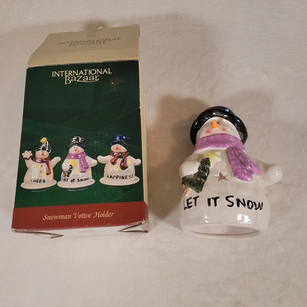 Porcelain Snowman Votive Holder International Bazaar 5.5 Inches Christmas Decor